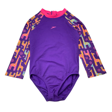 Girls Speedo, long sleeve swim one-piece, giraffes, light pilling, FUC, size 5,  