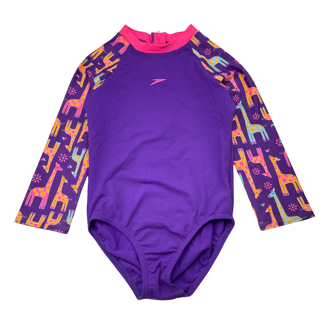 Girls Speedo, long sleeve swim one-piece, giraffes, light pilling, FUC, size 5,  