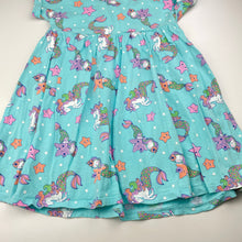 Load image into Gallery viewer, Girls cotton, casual dress, mermaid unicorns, no size, armpit to armpit: 31cm, GUC, size 4-5, L: 52cm