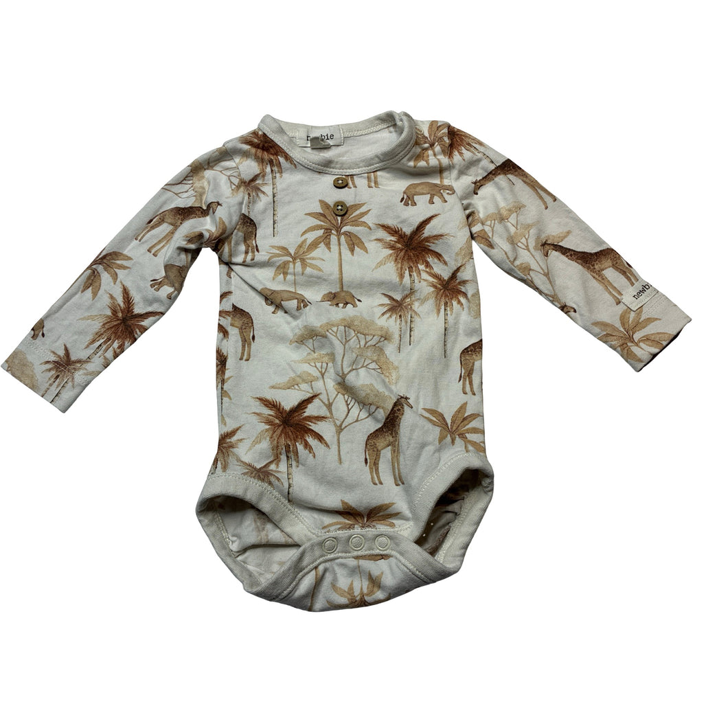 Unisex Newbie, cotton blend bodysuit / romper, jungle animals, GUC, size 000,  