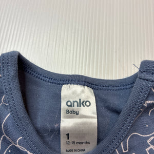 Unisex Anko, soft cotton romper, elephants, EUC, size 1,  