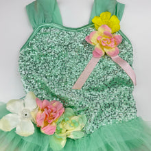 Load image into Gallery viewer, Girls Weissman, dance tutu leotard costume, *tear in tulle lower front &amp; centre of flowers missing*, FUC, size 4-5,  