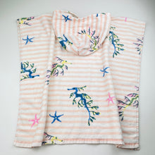 Load image into Gallery viewer, Girls Art Series, cotton hooded towel, seahorses, L: 56cm, EUC, size 3-5,  