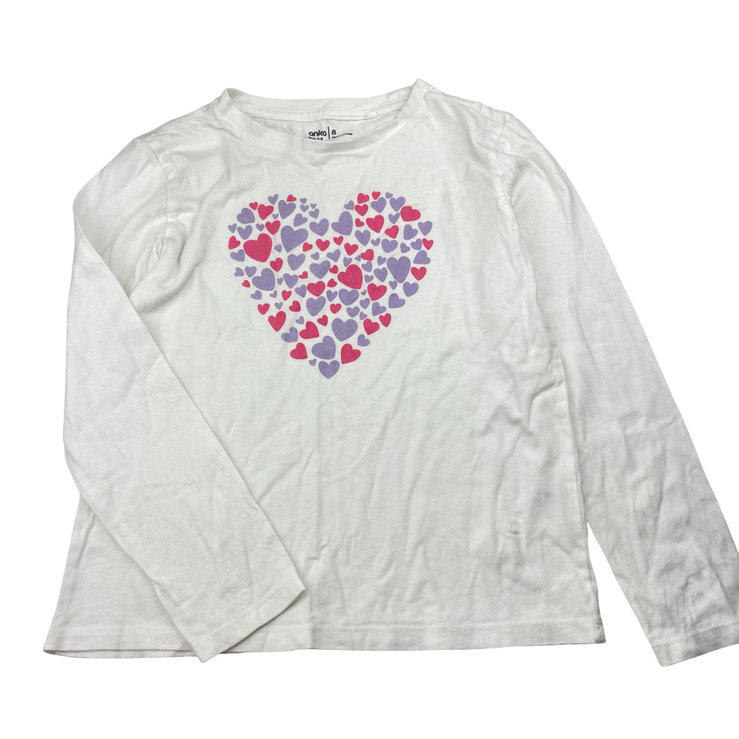 Girls Anko, cotton long sleeve tee / top, hearts, GUC, size 8,  