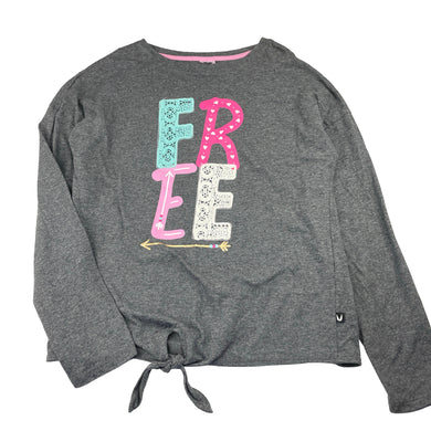 Girls grey, tie front long sleeve top, GUC, size 11-12,  