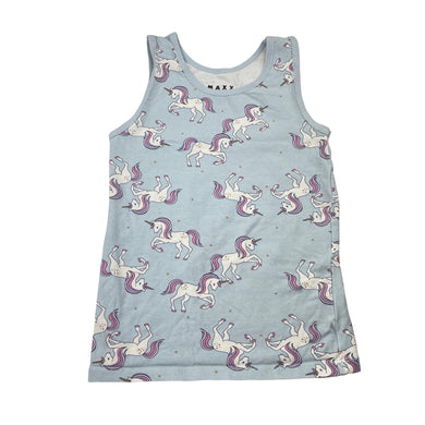 Girls MAXX, blue stretchy singlet top, unicorns, GUC, size 4-6,  