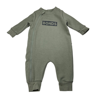 Unisex Bonds, khaki Techsweat zip romper, GUC, size 00,  