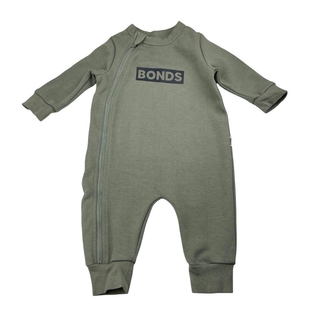 Unisex Bonds, khaki Techsweat zip romper, GUC, size 00,  
