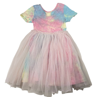 Girls colourful, tie dyed party dress, no labels, armpit to armpit: 29cm, FUC, size 5-6, L: 60cm