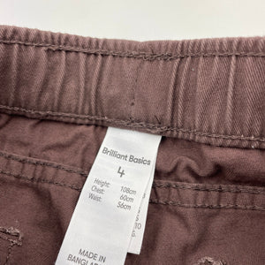 Boys Brilliant Basics, brown cotton pants, elasticated, inside leg: 43.5cm, EUC, size 4,  