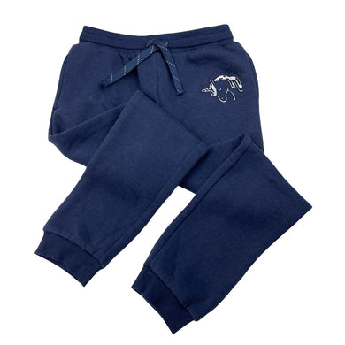 Girls KID, navy fleece-lined track pants, unicorn, inside leg: 48cm, EUC, size 6,  