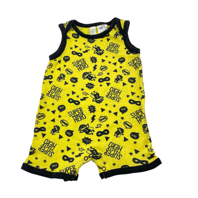 Boys Dymples, yellow & black cotton romper, superhero, GUC, size 1,  