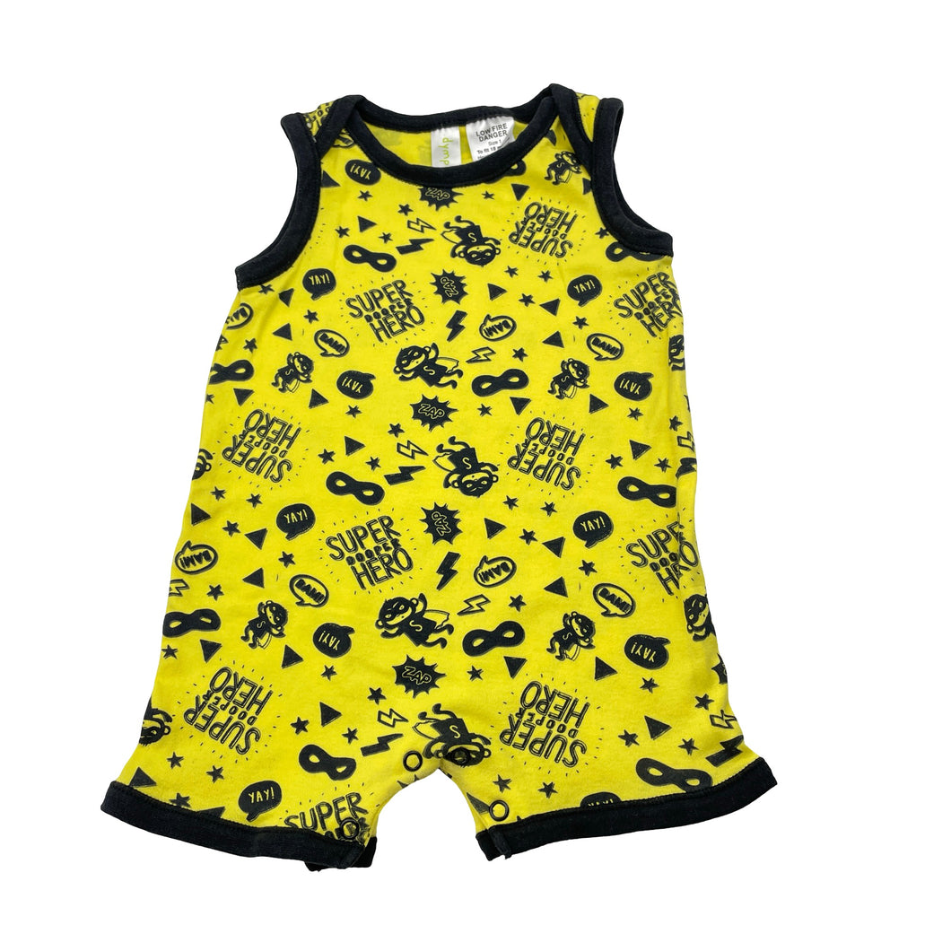 Boys Dymples, yellow & black cotton romper, superhero, GUC, size 1,  