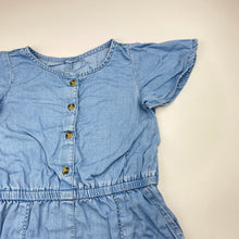 Load image into Gallery viewer, Girls blue, chambray cotton paysuit, no labels, armpit-armpit: 27cm, shoulder-crotch: 45cm, GUC, size 2-3,  