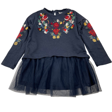 Girls Zara, embroidered navy cotton & tulle dress, GUC, size 2, L: 40cm