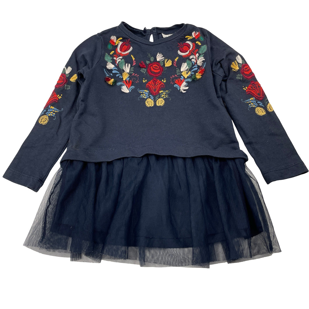 Girls Zara, embroidered navy cotton & tulle dress, GUC, size 2, L: 40cm
