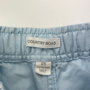 Unisex Country Road, blue cotton / linen shorts, elasticated, EUC, size 00,  