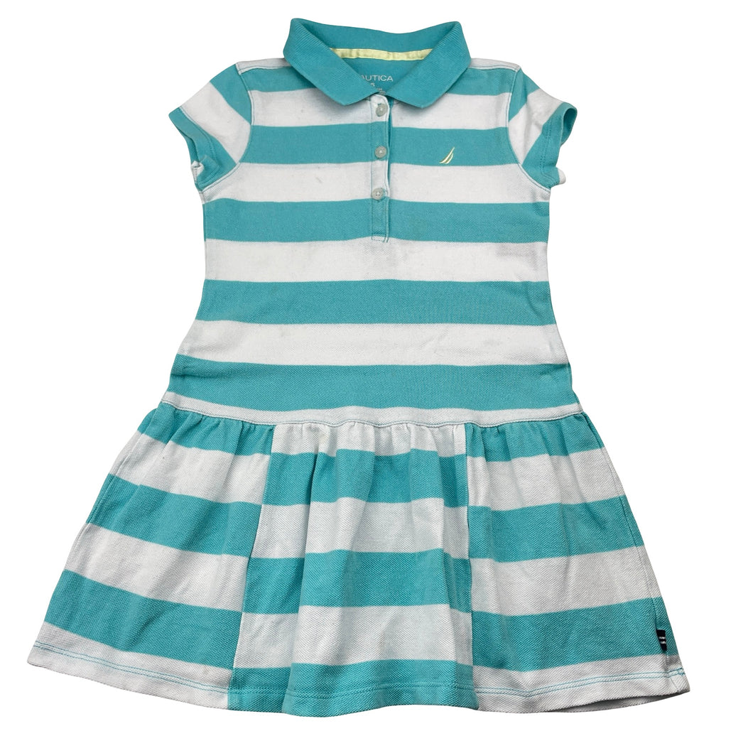 Girls NAUTICA, striped cotton polo dress, light marks chest & skirt, FUC, size 5, L: 52cm