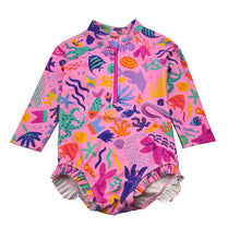 Load image into Gallery viewer, Girls Ellie Whittaker , x B&amp;L, coulourful long sleeve swim one-piece, EUC, size 0,  