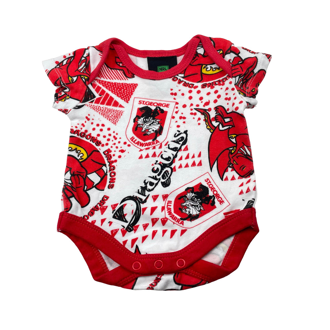 Unisex NRL SUPPORTER, St George Dragons cotton bodysuit / romper, FUC, size 0000,  