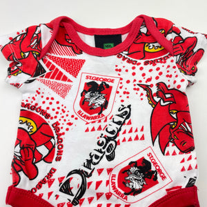 Unisex NRL SUPPORTER, St George Dragons cotton bodysuit / romper, FUC, size 0000,  