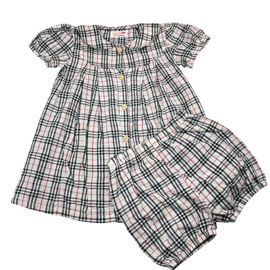 Girls bumblebee, checked lightweight cotton dress & bloomers, FUC, size 1, L: 43cm