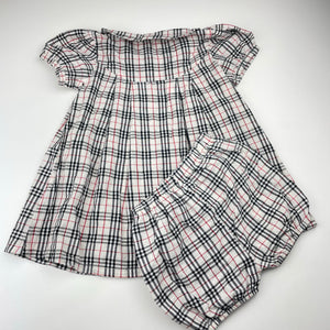 Girls bumblebee, checked lightweight cotton dress & bloomers, FUC, size 1, L: 43cm