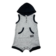 Load image into Gallery viewer, Boys Baby Baby, grey &amp; black hooded romper, GUC, size 0,  