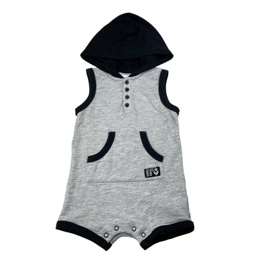 Boys Baby Baby, grey & black hooded romper, GUC, size 0,  