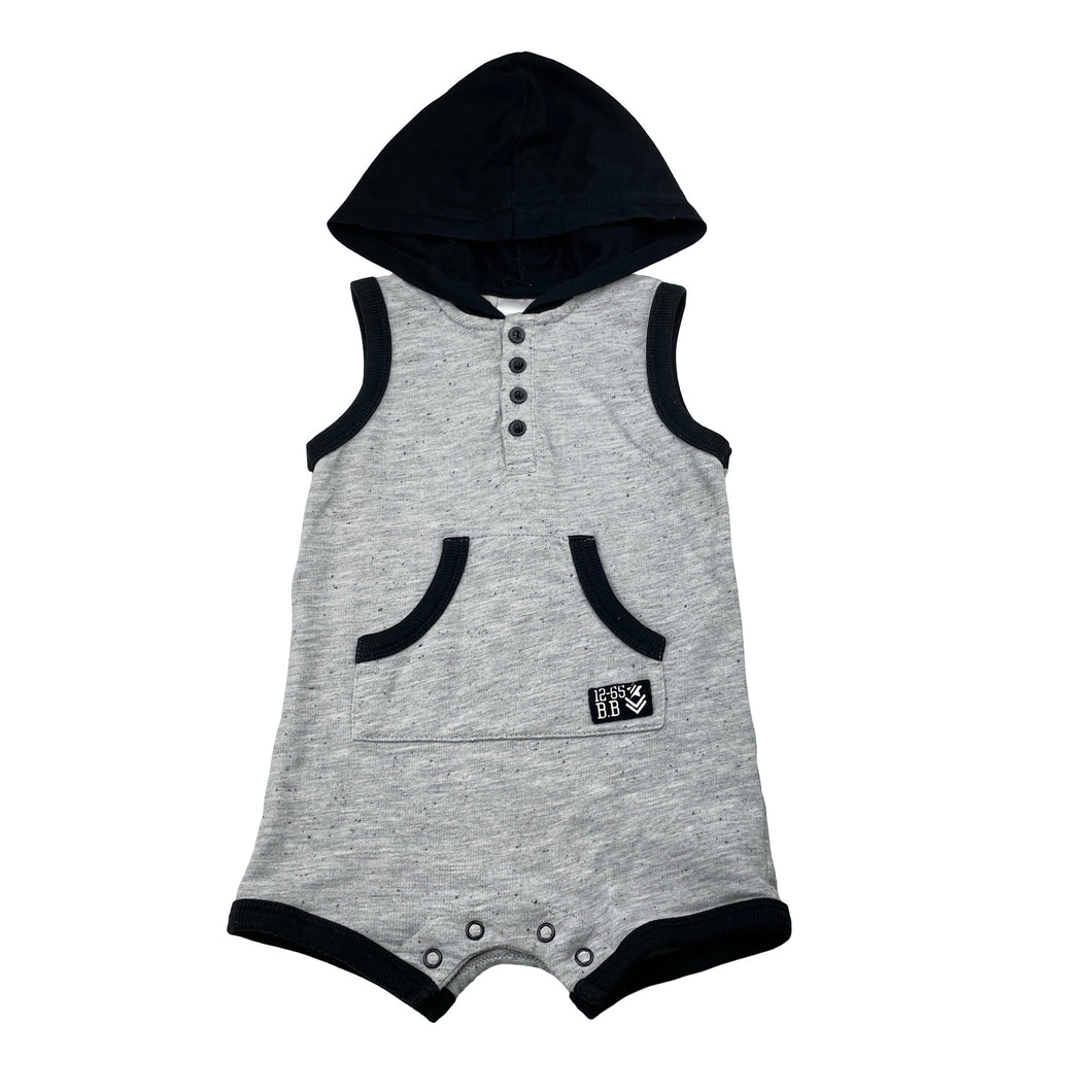 Boys Baby Baby, grey & black hooded romper, GUC, size 0,  