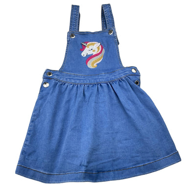 Girls 1964 Denim Co, embroidered stretch denim overalls dress, unicorn, FUC, size 3, L: 58cm