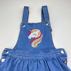 Girls 1964 Denim Co, embroidered stretch denim overalls dress, unicorn, FUC, size 3, L: 58cm