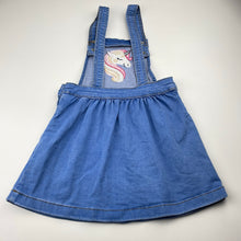 Load image into Gallery viewer, Girls 1964 Denim Co, embroidered stretch denim overalls dress, unicorn, FUC, size 3, L: 58cm