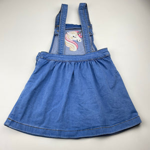 Girls 1964 Denim Co, embroidered stretch denim overalls dress, unicorn, FUC, size 3, L: 58cm