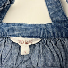 Load image into Gallery viewer, Girls Milkshake, blue denim overalls dress / pinafore, GUC, size 5, L: 56cm