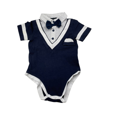 Boys Bardot Junior, navy & white cotton romper, light mark right sleeve, FUC, size 00,  
