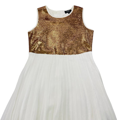 Girls Bardot Junior, pleated party gress, gold sequins, FUC, size 12, L: 78cm