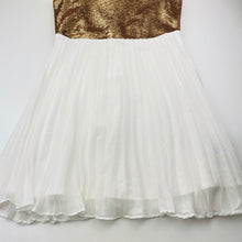 Load image into Gallery viewer, Girls Bardot Junior, pleated party gress, gold sequins, FUC, size 12, L: 78cm