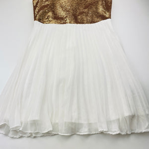 Girls Bardot Junior, pleated party gress, gold sequins, FUC, size 12, L: 78cm