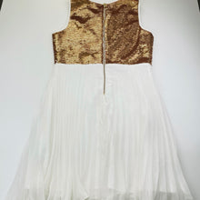 Load image into Gallery viewer, Girls Bardot Junior, pleated party gress, gold sequins, FUC, size 12, L: 78cm