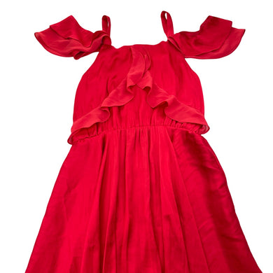 Girls Bardot Junior, red satin party / formal dress, small catches, FUC, size 14, L: 80cm at front