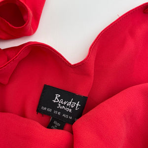 Girls Bardot Junior, red satin party / formal dress, small catches, FUC, size 14, L: 80cm at front