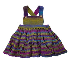 Load image into Gallery viewer, Girls Handmade, colourful knit overalls dress / pinafore, waist: 26cm across, EUC, size 1-2, L: 45cm