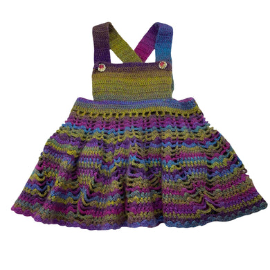 Girls Handmade, colourful knit overalls dress / pinafore, waist: 26cm across, EUC, size 1-2, L: 45cm