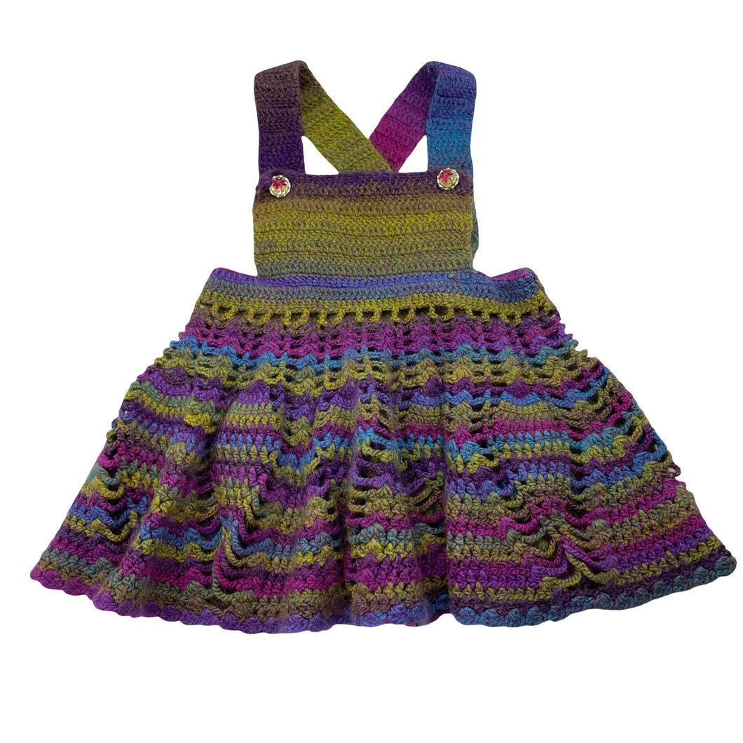 Girls Handmade, colourful knit overalls dress / pinafore, waist: 26cm across, EUC, size 1-2, L: 45cm