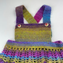 Load image into Gallery viewer, Girls Handmade, colourful knit overalls dress / pinafore, waist: 26cm across, EUC, size 1-2, L: 45cm