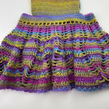 Load image into Gallery viewer, Girls Handmade, colourful knit overalls dress / pinafore, waist: 26cm across, EUC, size 1-2, L: 45cm