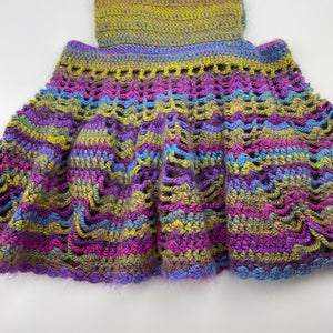 Girls Handmade, colourful knit overalls dress / pinafore, waist: 26cm across, EUC, size 1-2, L: 45cm