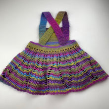 Load image into Gallery viewer, Girls Handmade, colourful knit overalls dress / pinafore, waist: 26cm across, EUC, size 1-2, L: 45cm