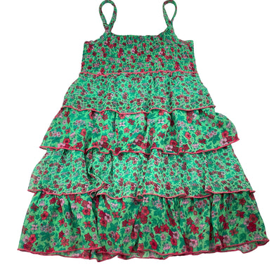 Girls cotton lined, tiered floral dress (no size), armpit to armpit: 31cm, FUC, size 7-8, L: 68cm